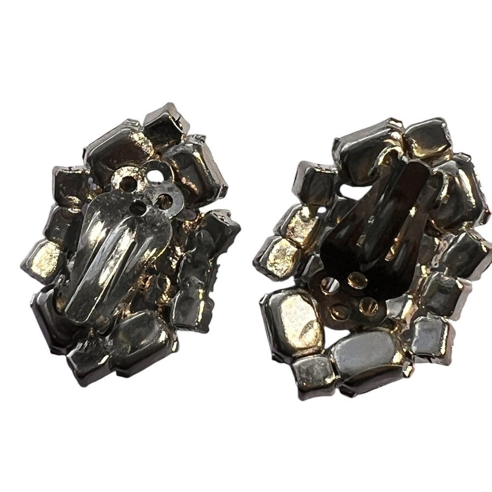 Vintage Art Deco aquamarine blue stone Silver Rhinestone Clip Earrings 1.5” 14g - Picture 2 of 12